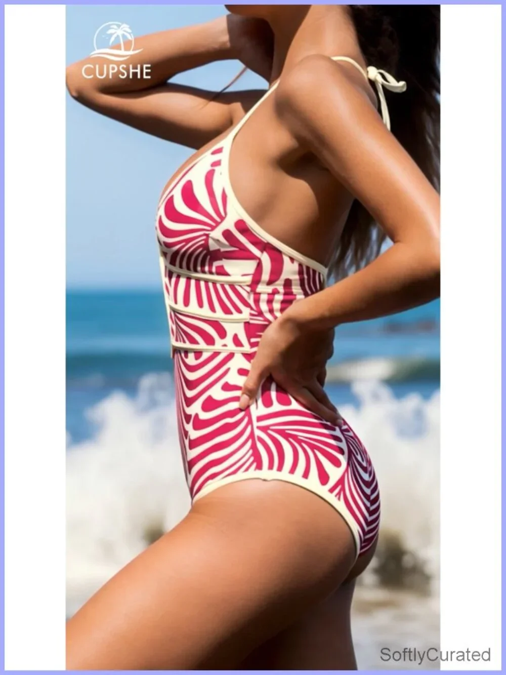 One Piece Swimsuit Plunging Halter Cutout Removable Cups Adjustable Straps O